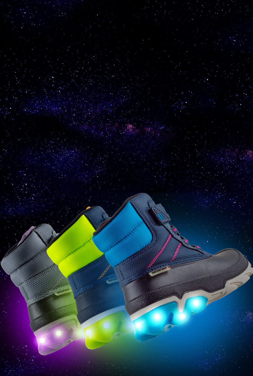 Three pairs of glowing boots on a dark space-themed background